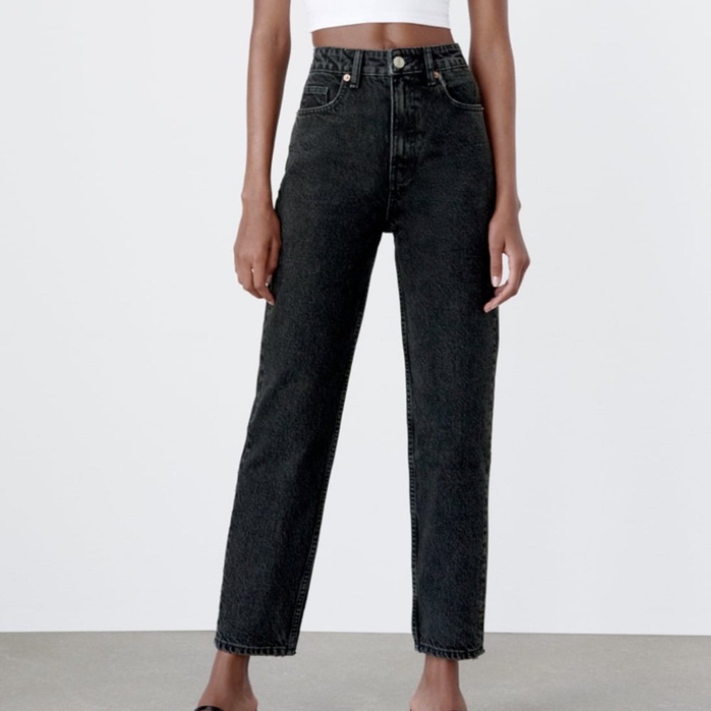 Zara Black Washed Denim Mom Jeans